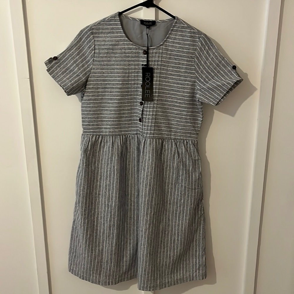 NWT Roolee button front grey with white stripes dress